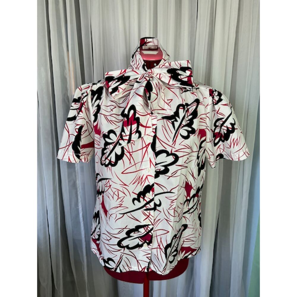kitten bow blouse abstract leaves red black 1980s